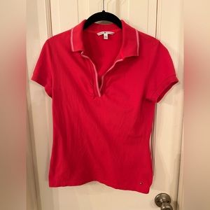 Tommy Hilfiger S Blouse Collared Shirt Red V Neck Cap Sleeve Ruched Y2K Polo
